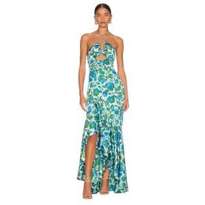 AMUR Edie High Low Tie Neck Gown Cerulean Lotus Block Print Floral 12 NWOT